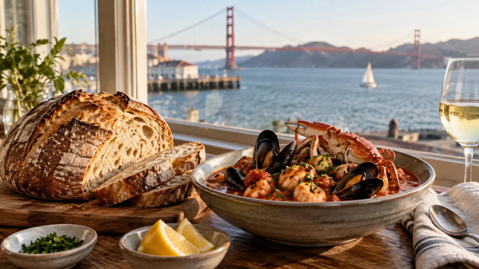 Sourdough bread and cioppino sit beside a San Francisco bay window