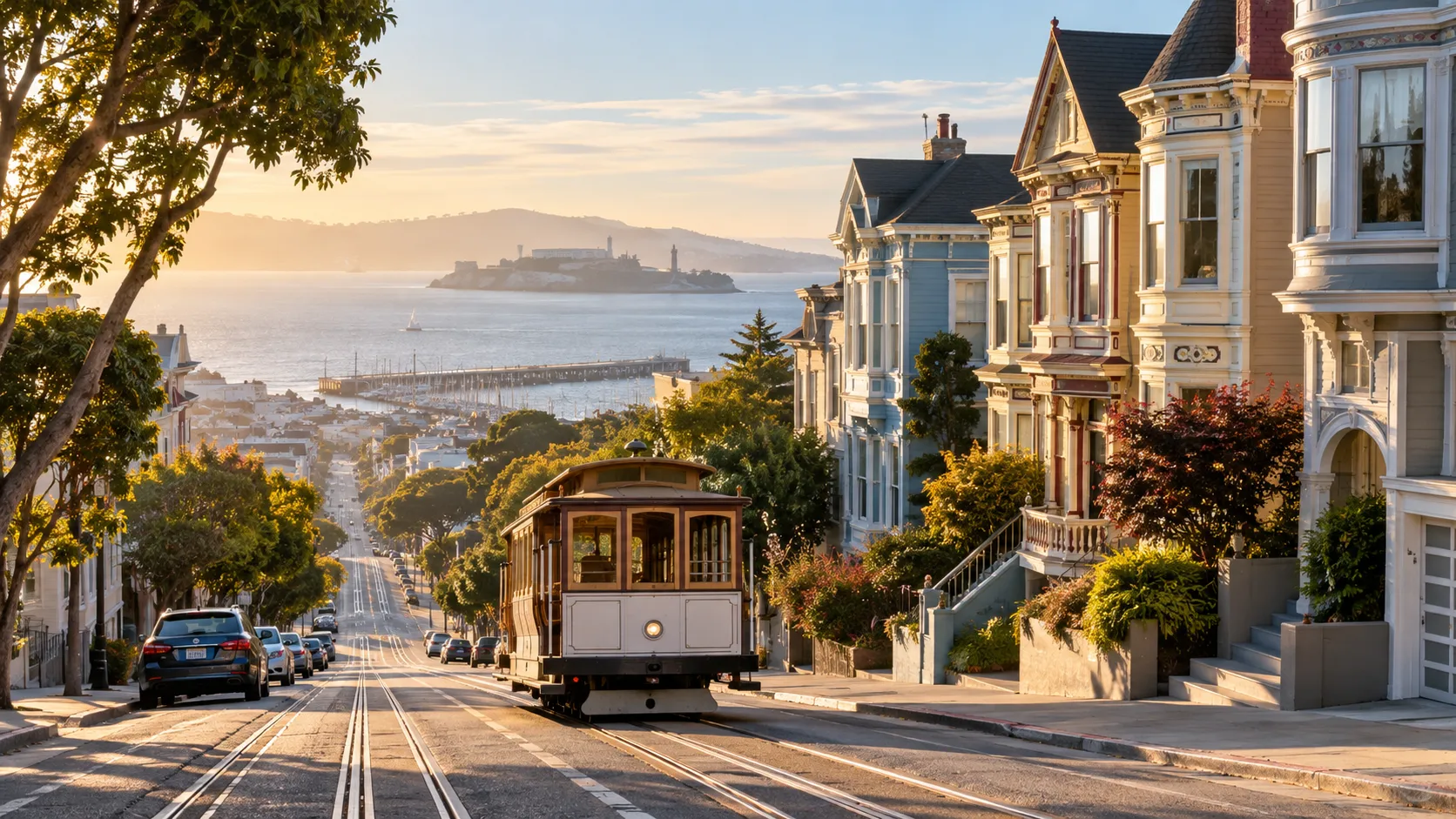 A cable car climbs a steep street lined with Victorian homes