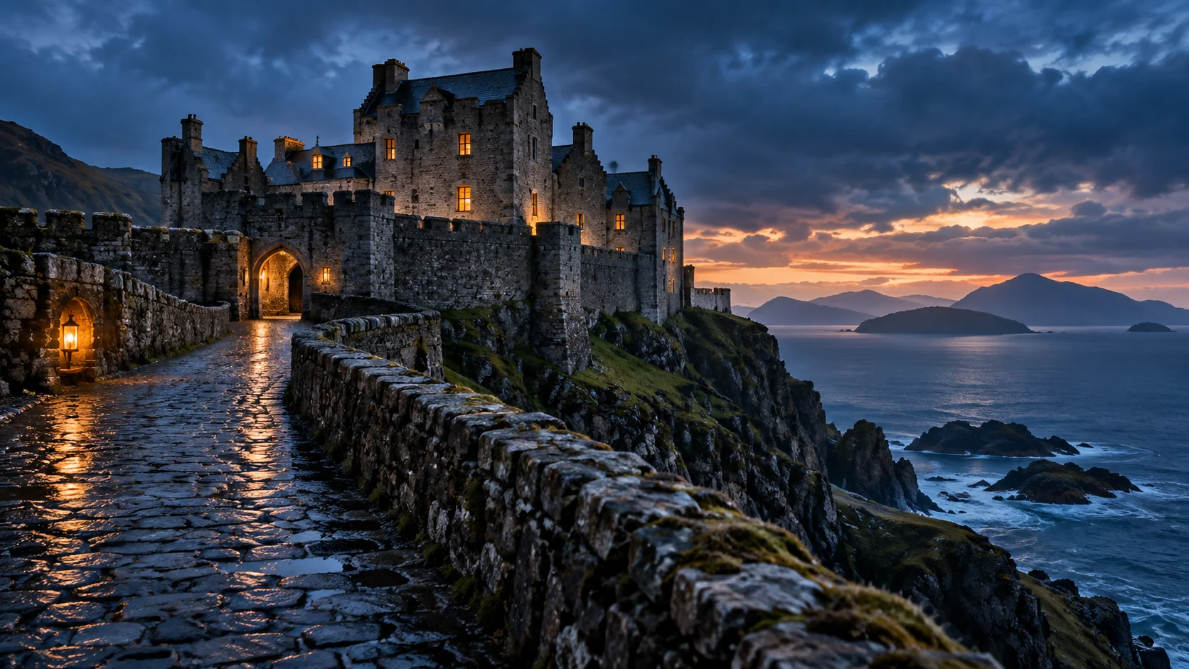 Scottish stone castle above a coastal cliff at blue hour