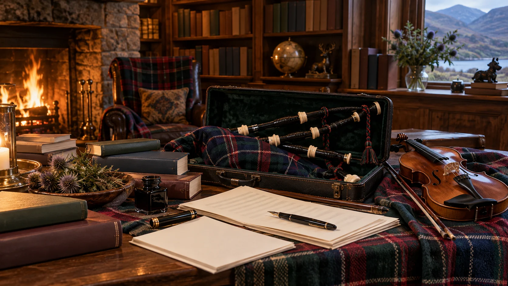 Scottish creative study with tartan, bagpipes, fiddle, pen, and books