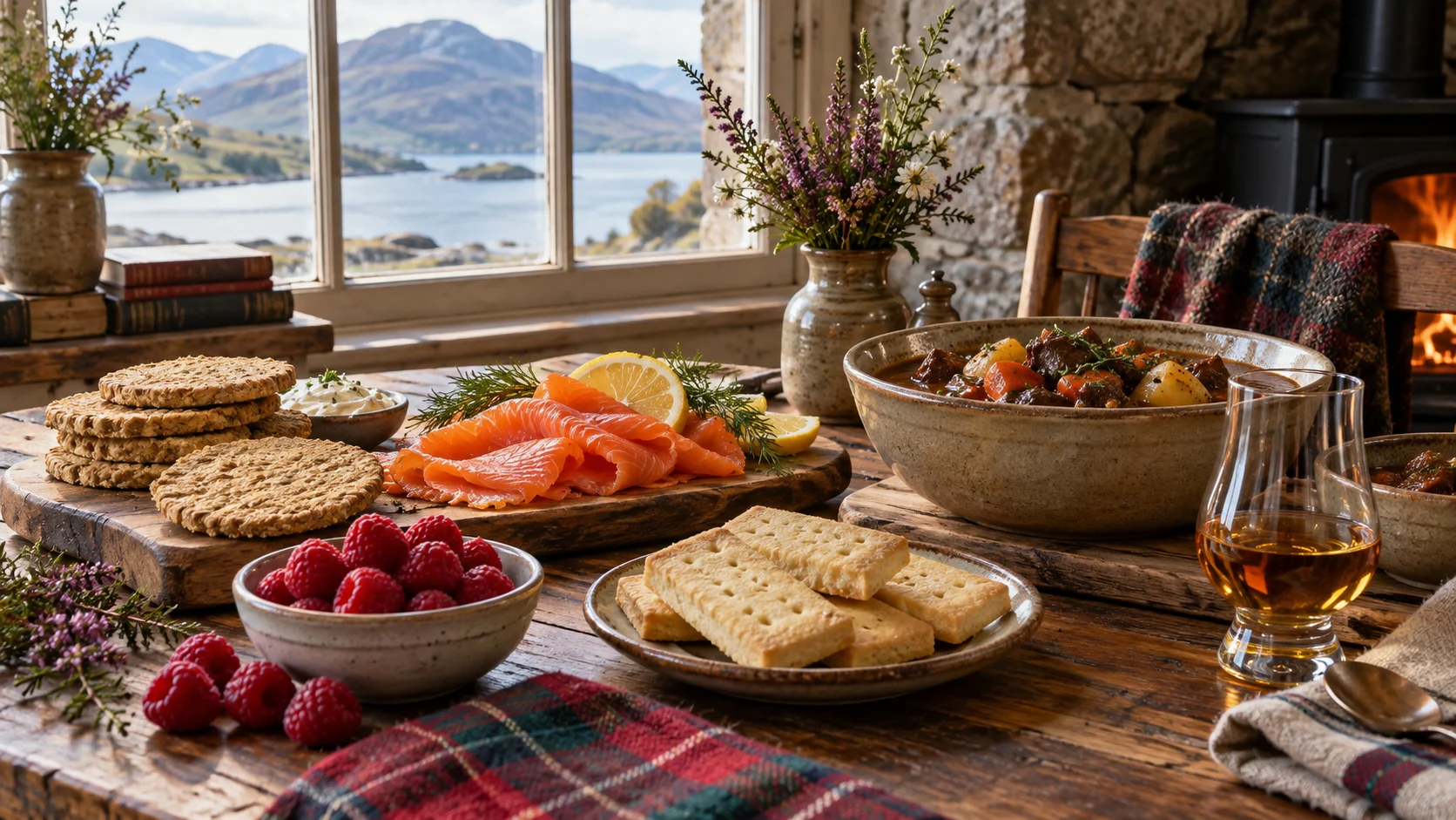 Scottish food table with oatcakes, salmon, shortbread, berries, stew, and whisky