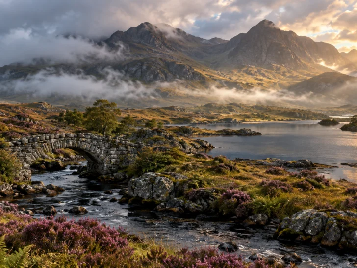 Misty Scottish glen with heather, dark loch, stone bridge, and rugged mountains