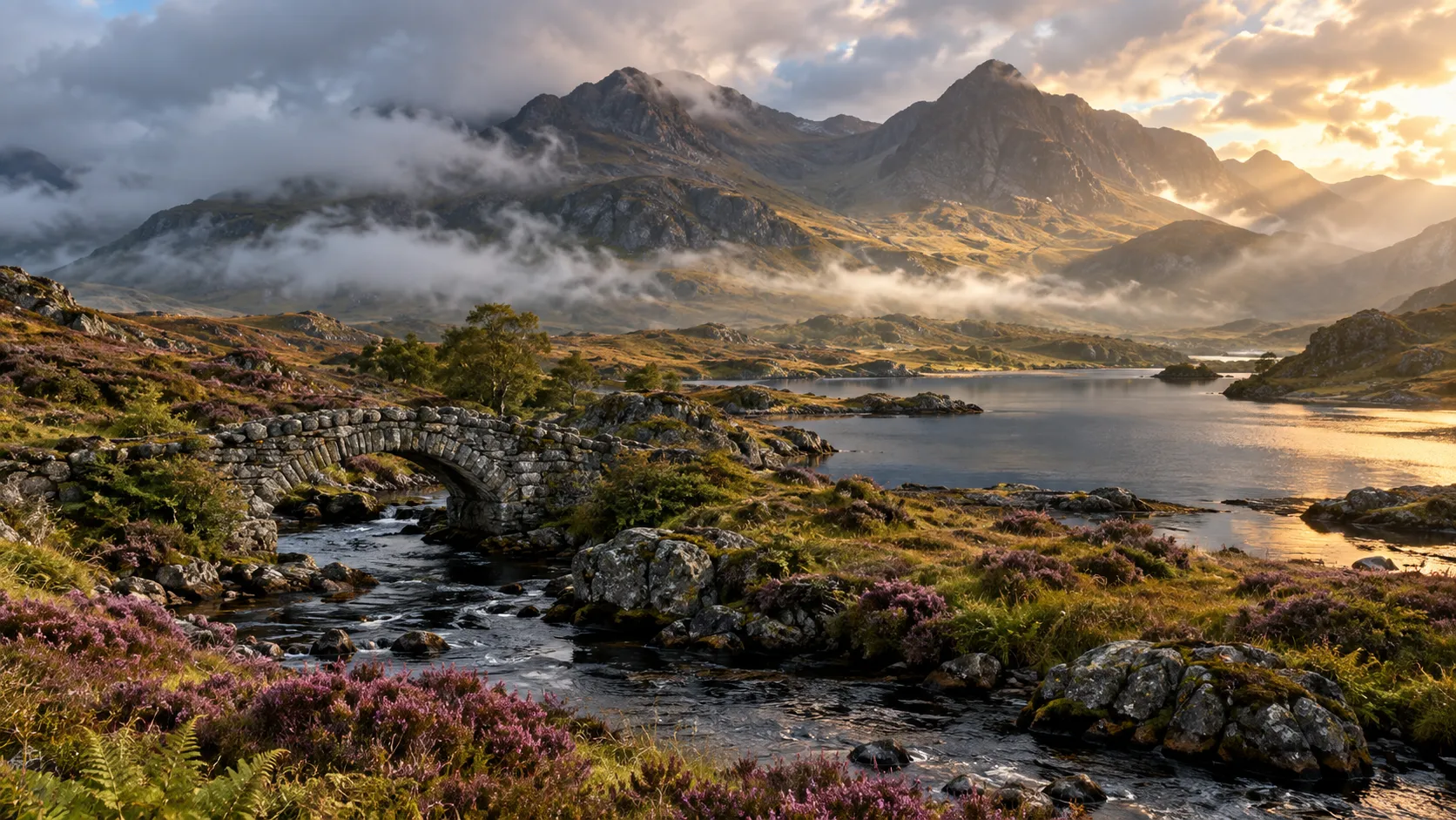Misty Scottish glen with heather, dark loch, stone bridge, and rugged mountains