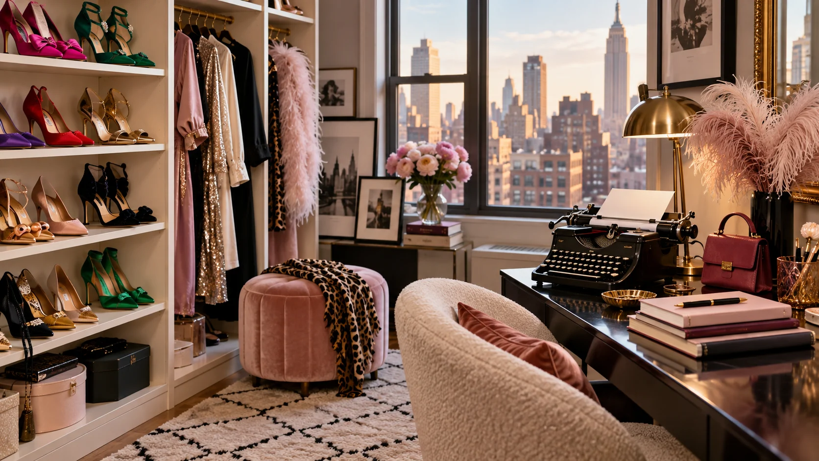 Colorful heels, feathered accessory, handbag, blank notebooks, and typewriter in a Manhattan closet office