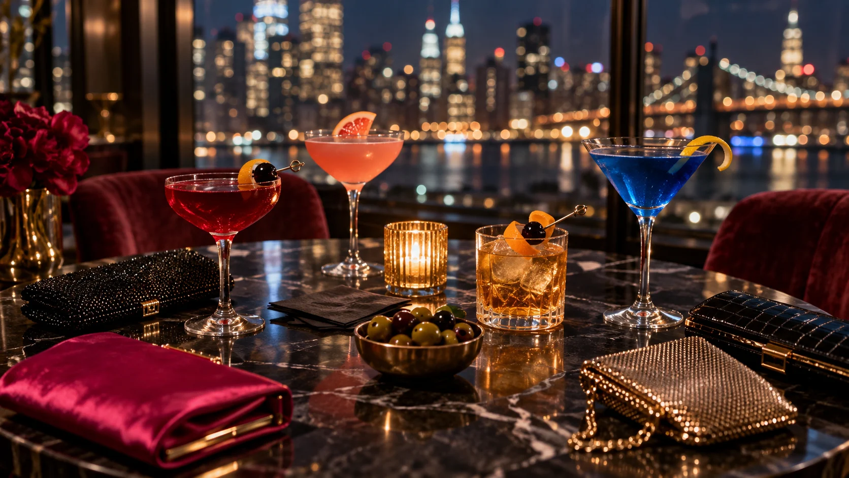 Four colorful cocktails and evening clutches on a New York bar table with city lights beyond