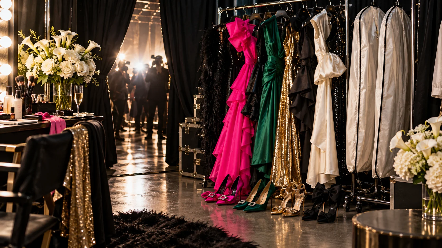 Bold dresses, four pairs of heels, garment bags, flowers, and flashbulb glow backstage at fashion week