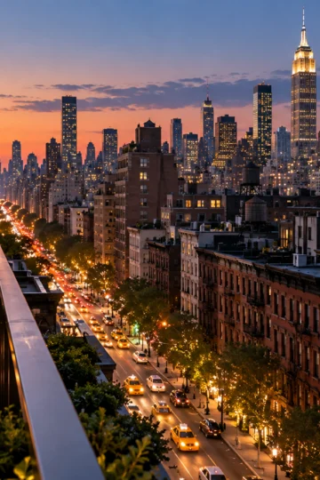 Manhattan avenue, brownstones, water towers, and glowing skyline viewed from a rooftop at dusk