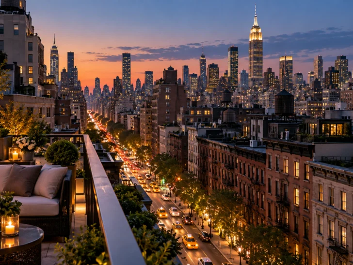Manhattan avenue, brownstones, water towers, and glowing skyline viewed from a rooftop at dusk