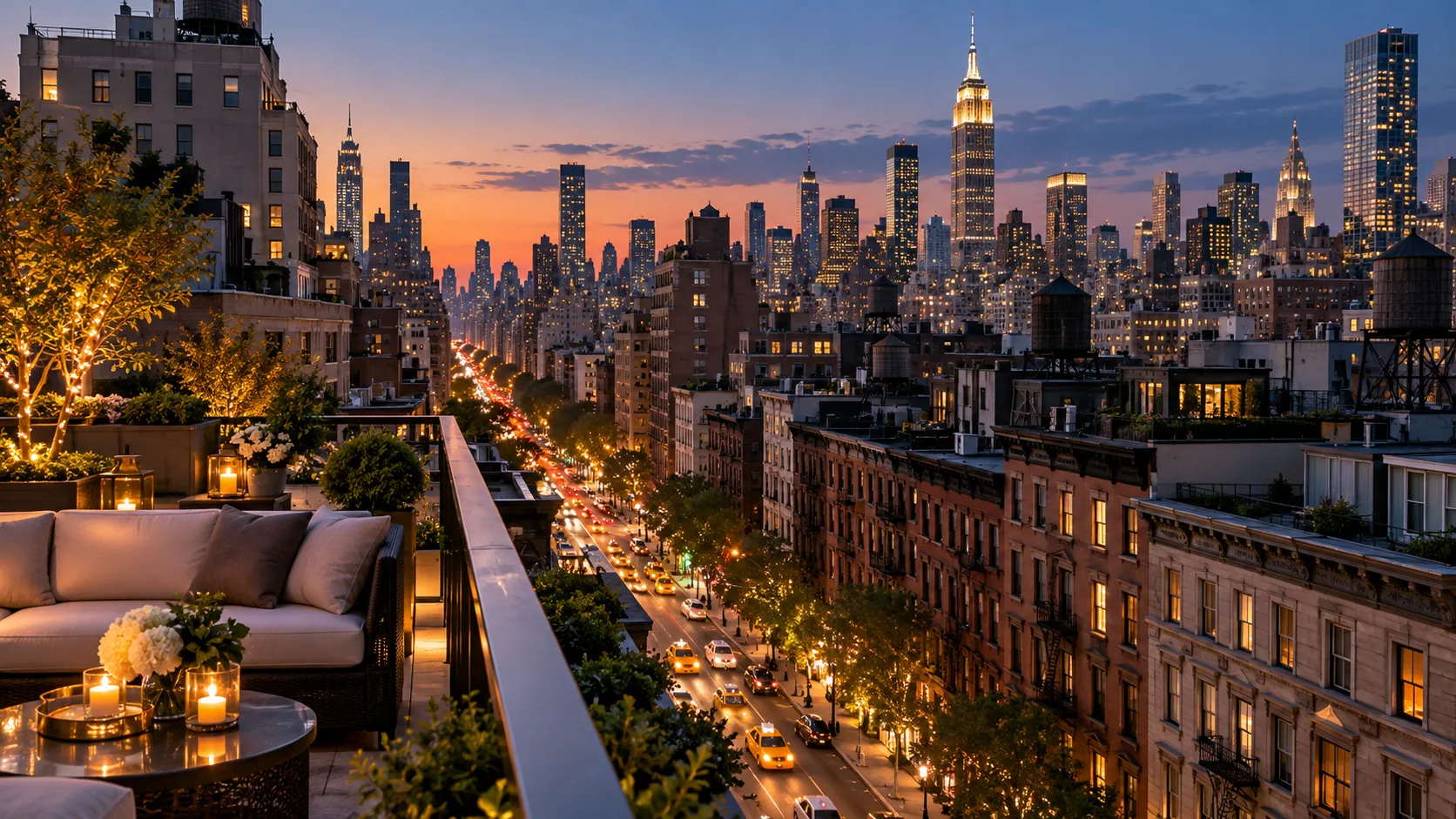Manhattan avenue, brownstones, water towers, and glowing skyline viewed from a rooftop at dusk