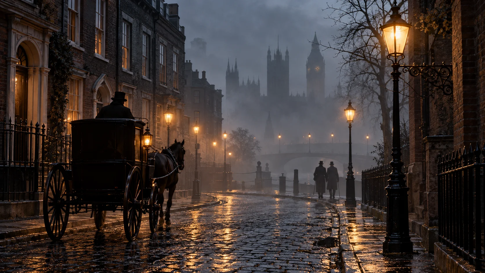 Foggy Victorian London street with gas lamps, a hansom cab, and wet cobblestones