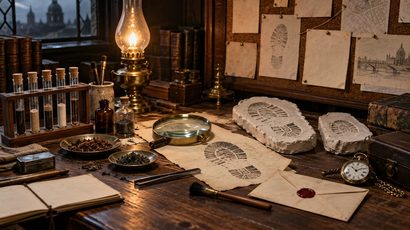 Victorian forensic table with a magnifying lens, pocket watch, test tubes, and clues