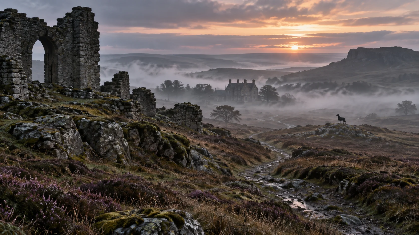 Misty Victorian moor at dawn with stone ruins, a distant manor, and a hound silhouette