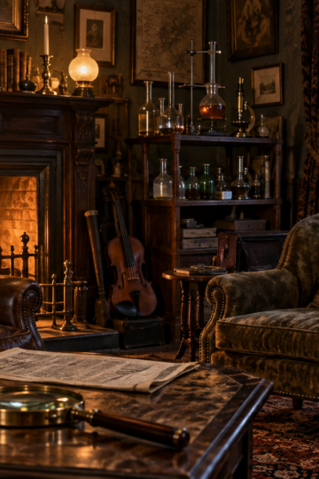 Victorian London study with armchairs, a violin, magnifying glass, and chemistry glassware
