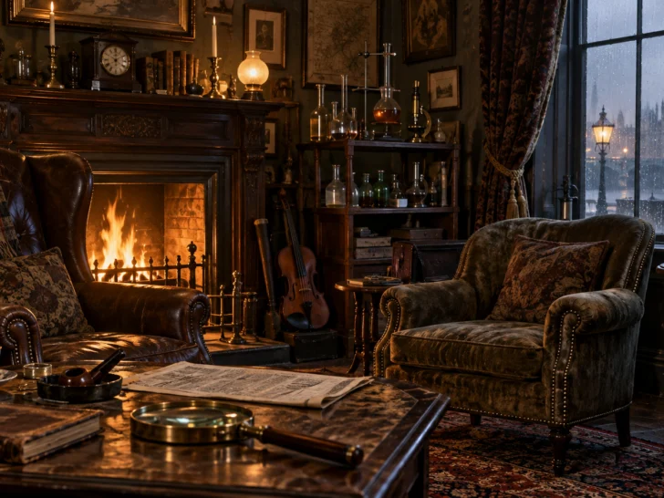 Victorian London study with armchairs, a violin, magnifying glass, and chemistry glassware