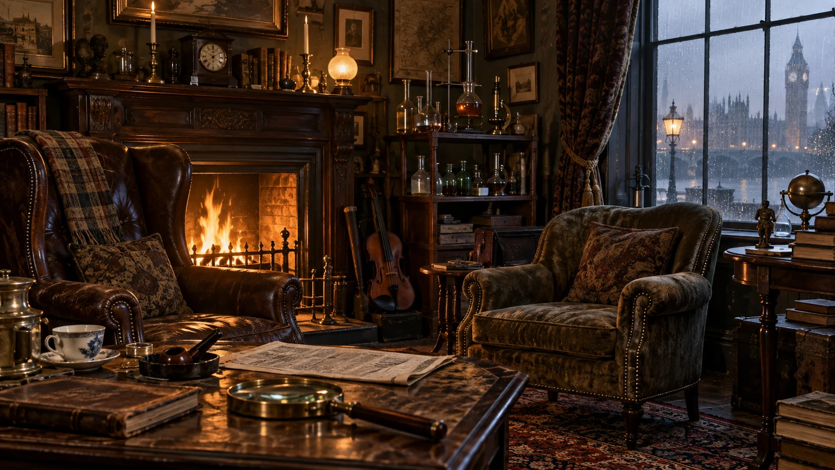 Victorian London study with armchairs, a violin, magnifying glass, and chemistry glassware