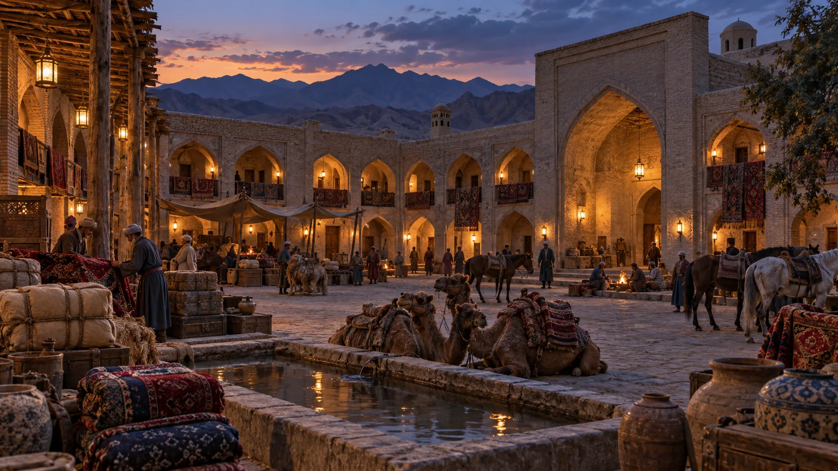 Central Asian caravanserai courtyard with resting camels, horses, trade bundles, and lanterns at dusk