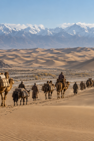 Camel caravan crossing desert dunes toward snowcapped mountains along the Silk Roads
