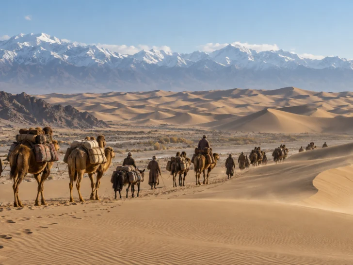 Camel caravan crossing desert dunes toward snowcapped mountains along the Silk Roads