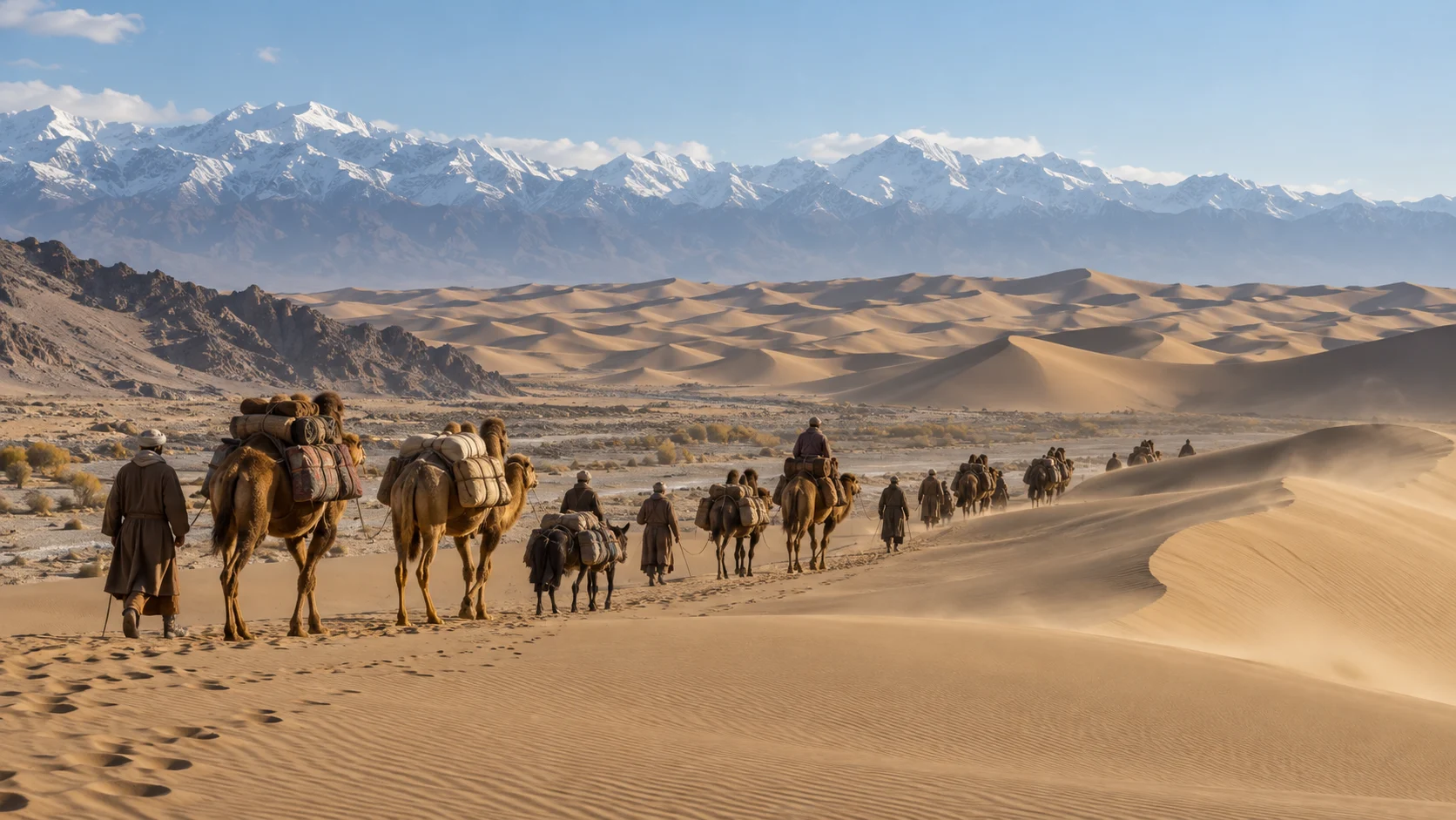 Camel caravan crossing desert dunes toward snowcapped mountains along the Silk Roads