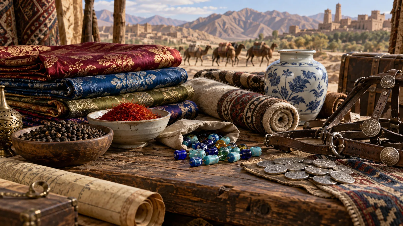 Silk, spices, glass beads, wool, ceramic, coins, and a horse bridle on a caravan table