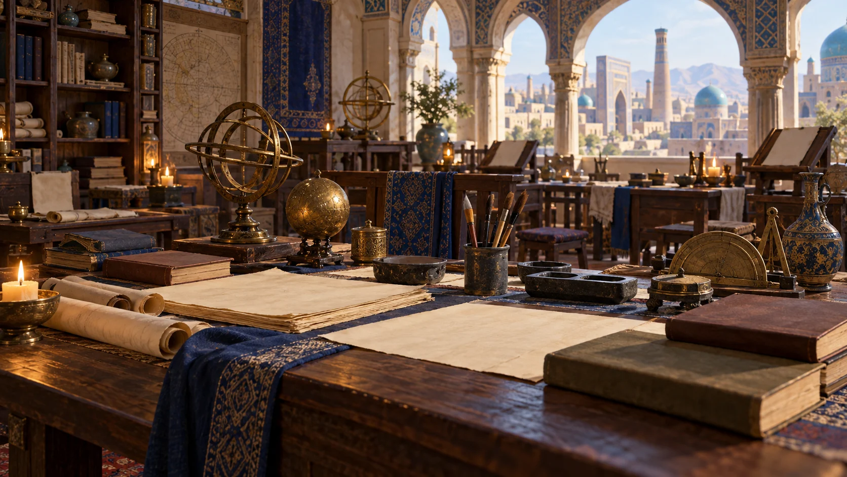 Medieval Central Asian translation workshop with blank parchment, brushes, books, and astronomical instruments