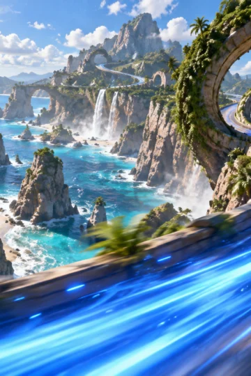 Bright coastal speed trail with loops, cliffs, and sparkling water