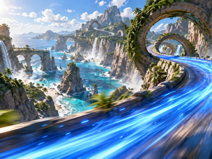 Bright coastal speed trail with loops, cliffs, and sparkling water
