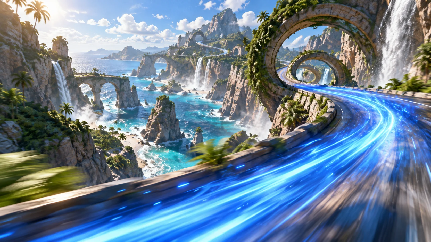 Bright coastal speed trail with loops, cliffs, and sparkling water