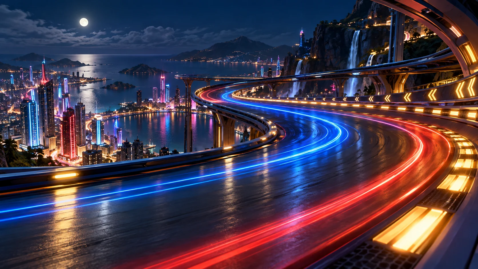 Futuristic neon raceway curving through a colorful city
