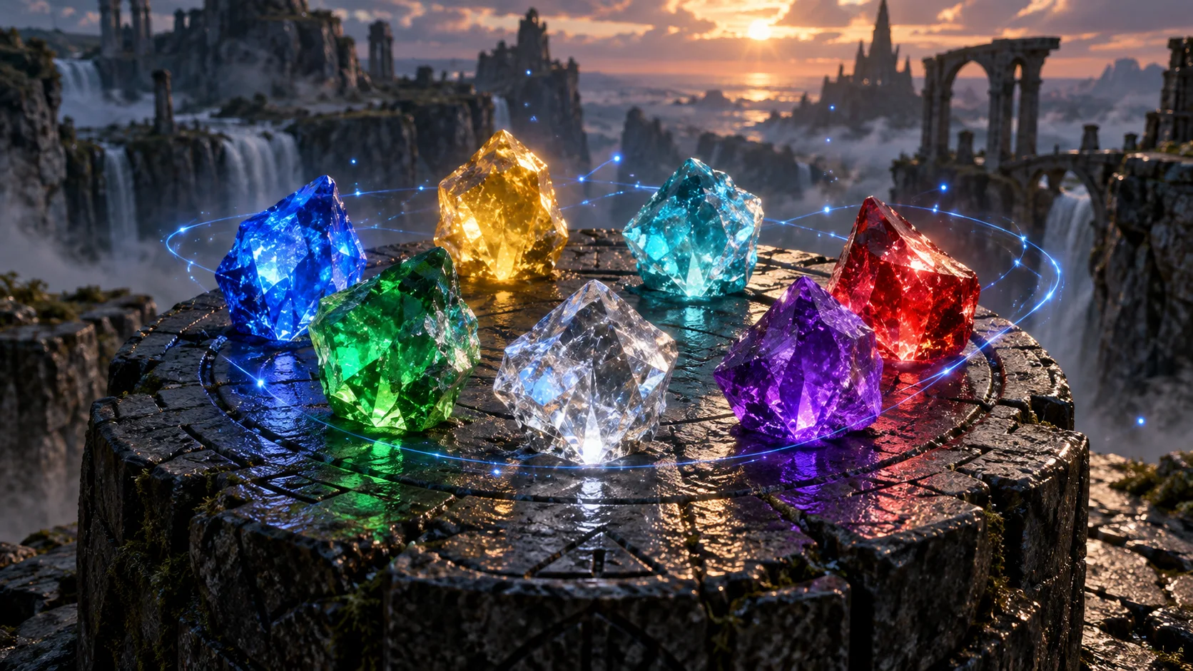 Seven colorful gemstones glowing above a dramatic pedestal