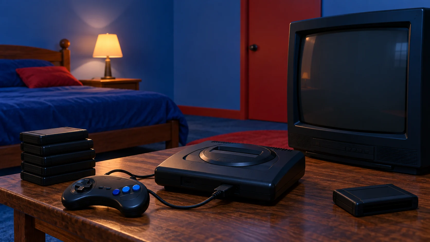 Retro 1990s gaming setup with console, controller, and blue accents