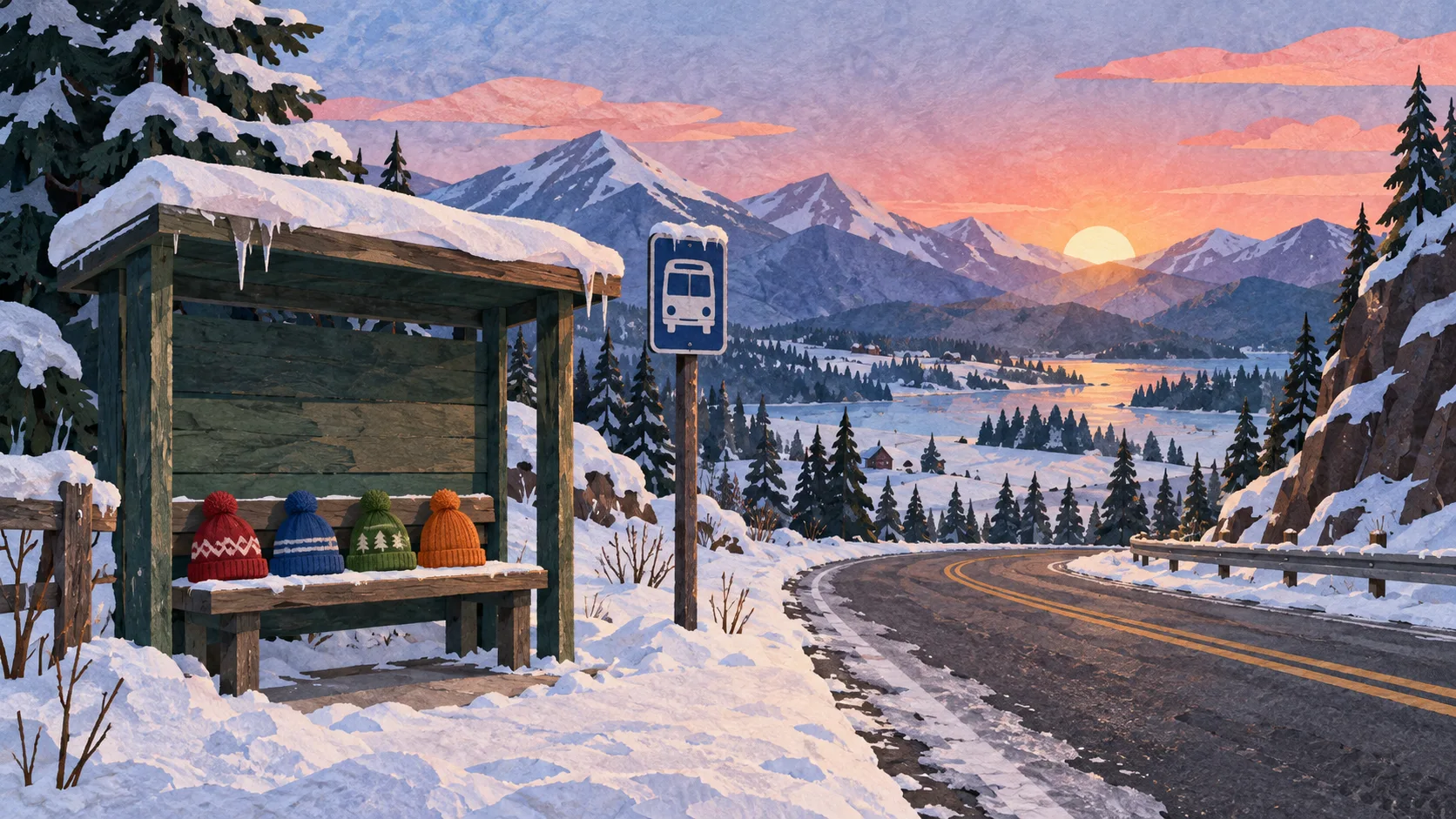 Snowy rural bus stop with four colorful knit hats on the bench