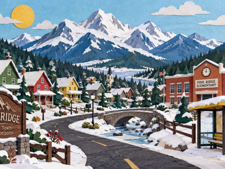 Colorful small Colorado town after fresh snow beneath mountain peaks
