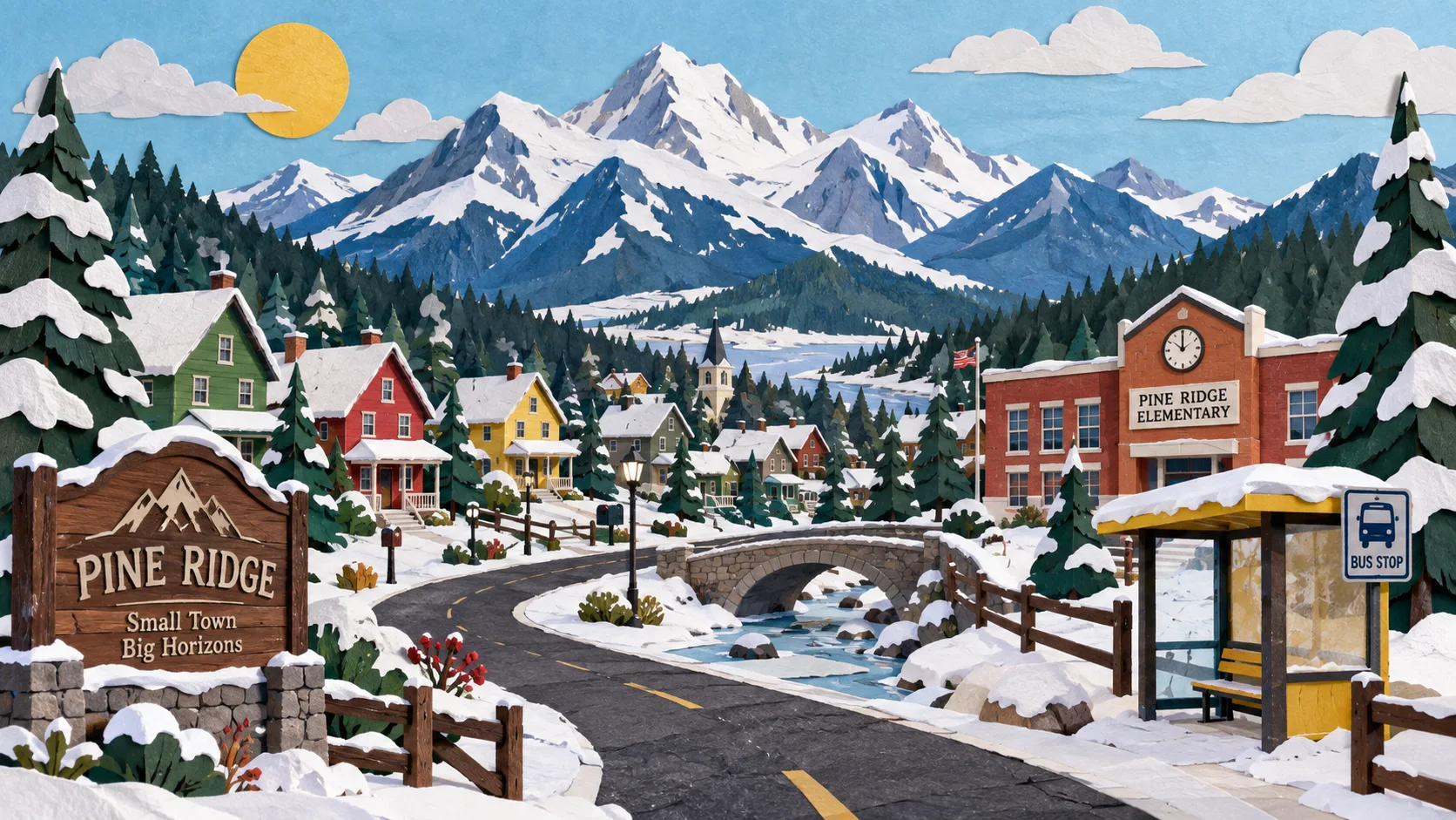 Colorful small Colorado town after fresh snow beneath mountain peaks