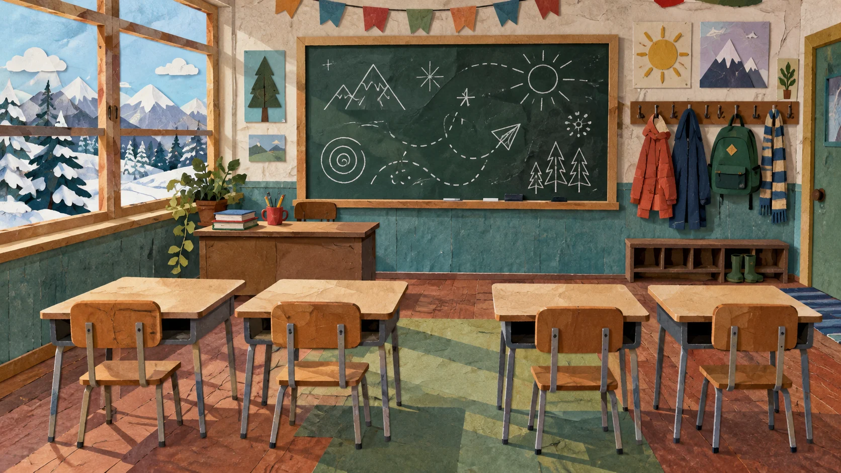 Eccentric elementary classroom with four empty desks and snowy windows