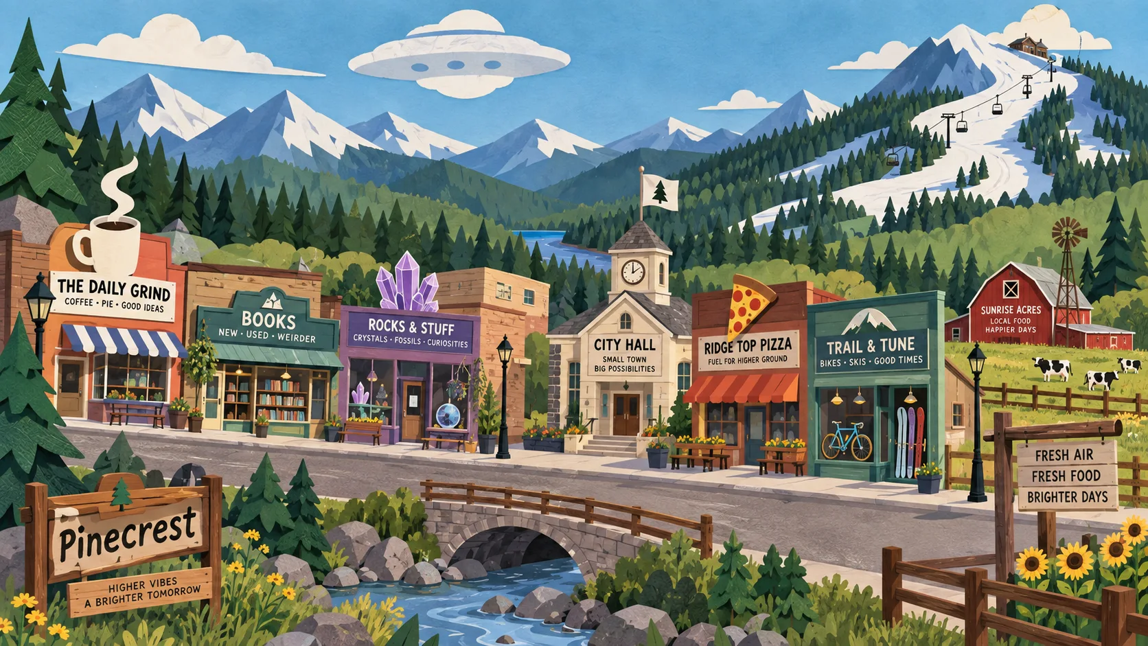 Quirky mountain town main street with shops farm and ski slope