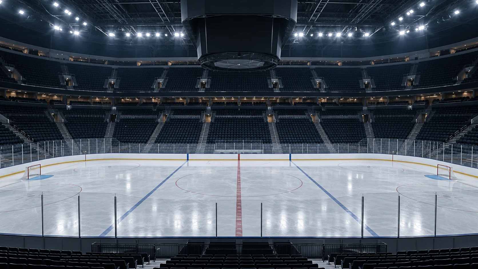 Empty professional hockey rink with freshly resurfaced ice before a playoff game