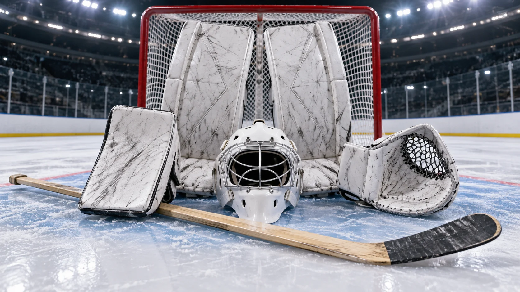 Scuffed goalie mask and pads arranged in front of a hockey net