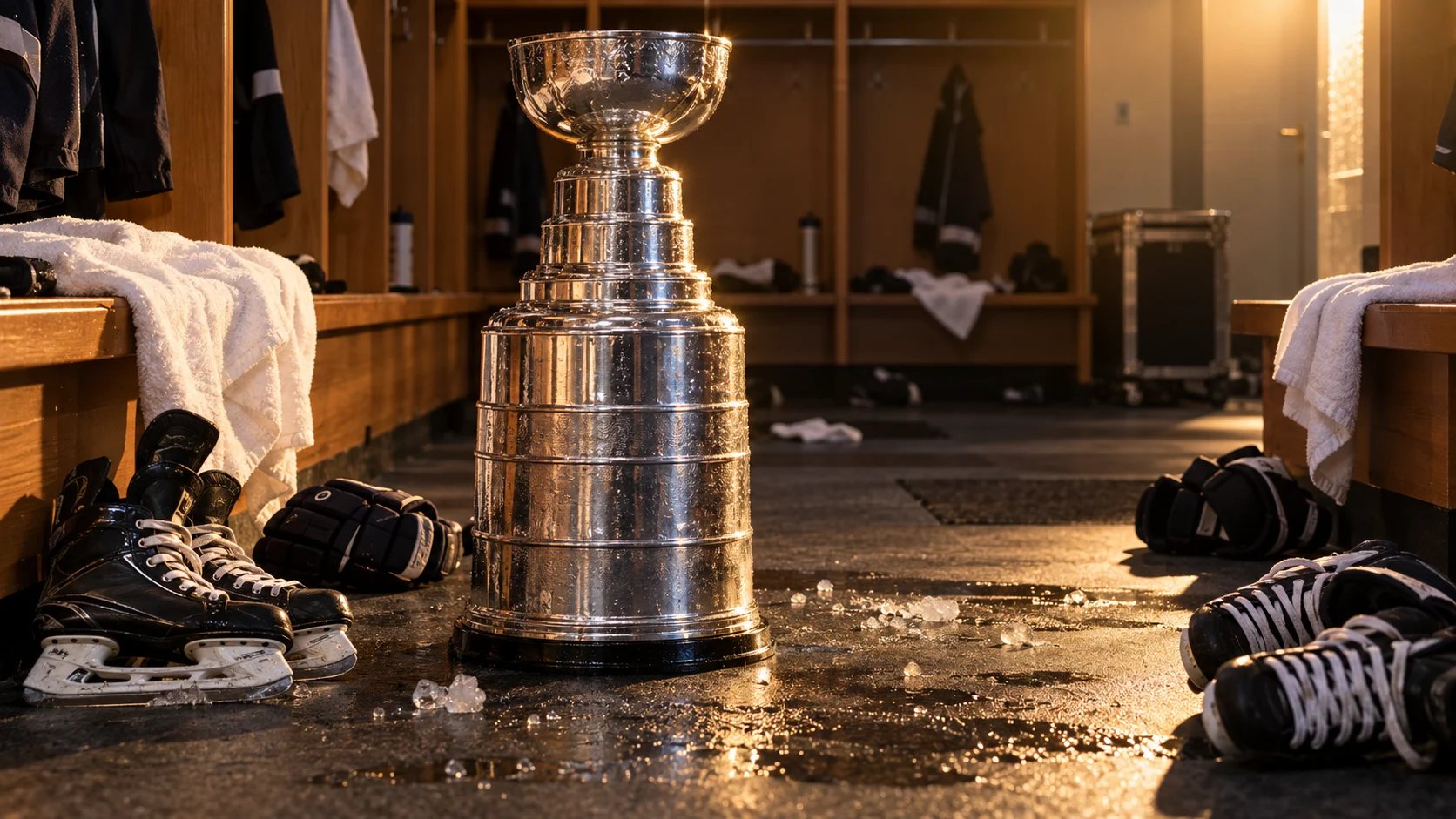 Silver hockey trophy among skates and gloves in a sunlit locker room