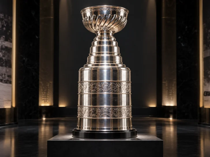 Silver hockey championship trophy displayed under dramatic museum lights