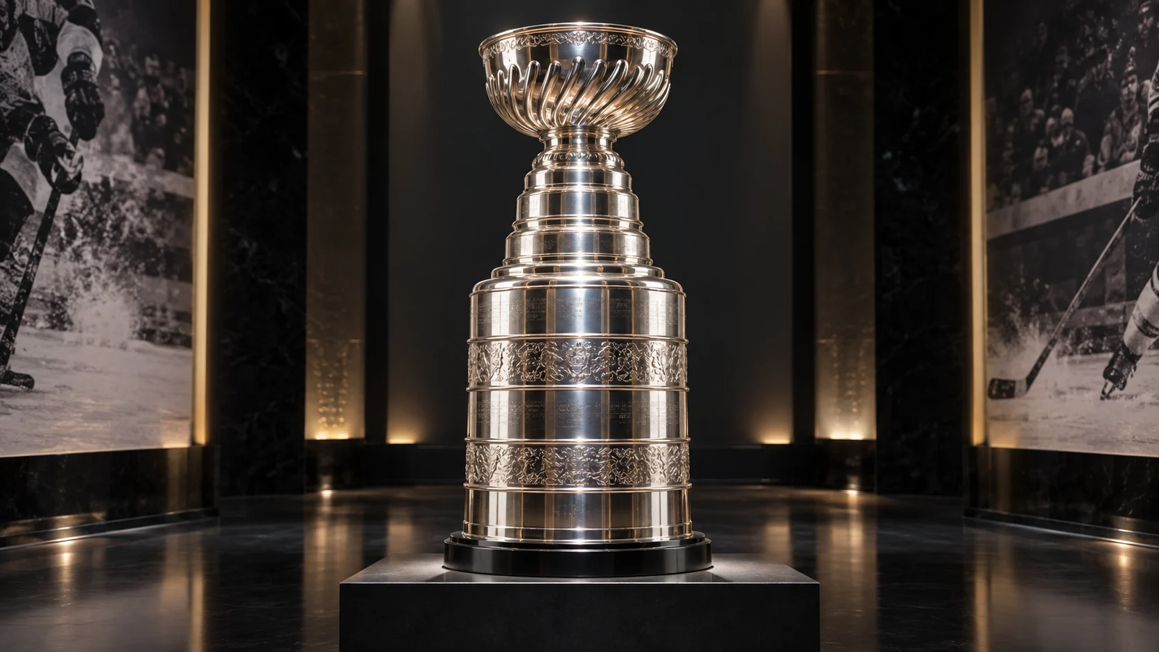 Silver hockey championship trophy displayed under dramatic museum lights