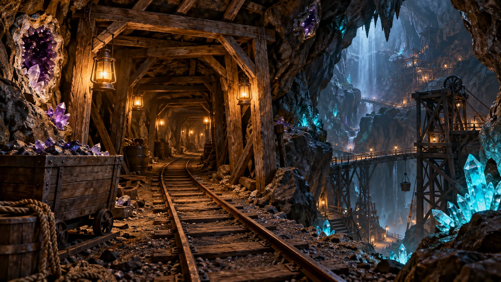 A lantern-lit mine tunnel filled with colorful crystals and old rails
