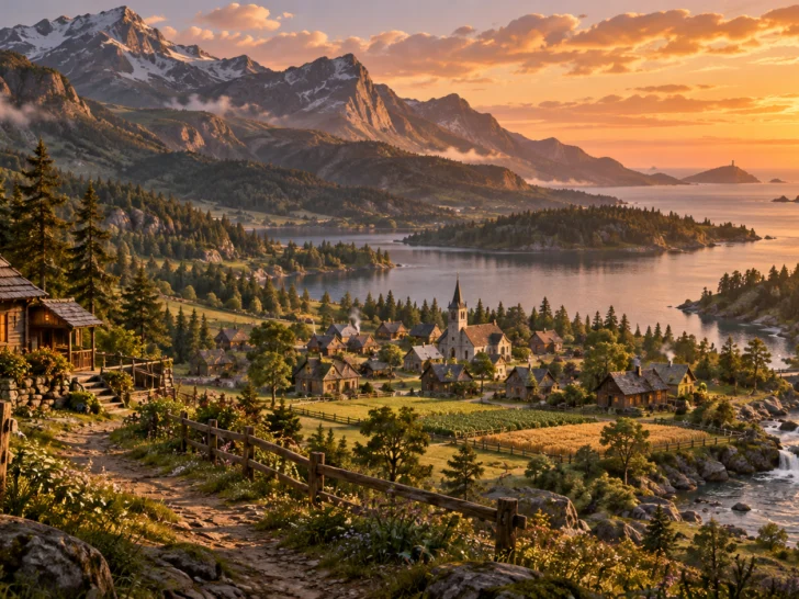 A cozy farming valley with a small town between mountains and sea