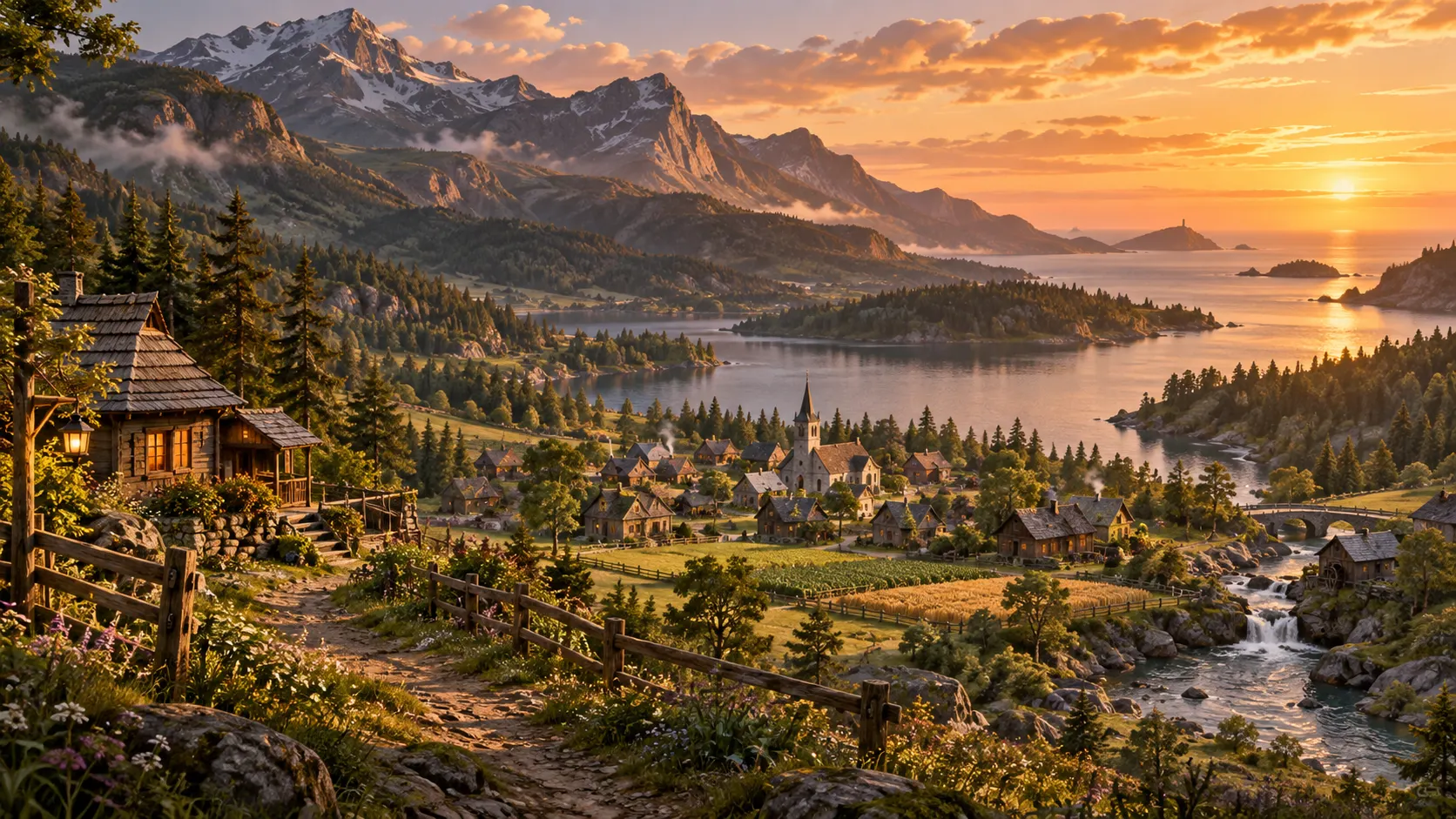 A cozy farming valley with a small town between mountains and sea