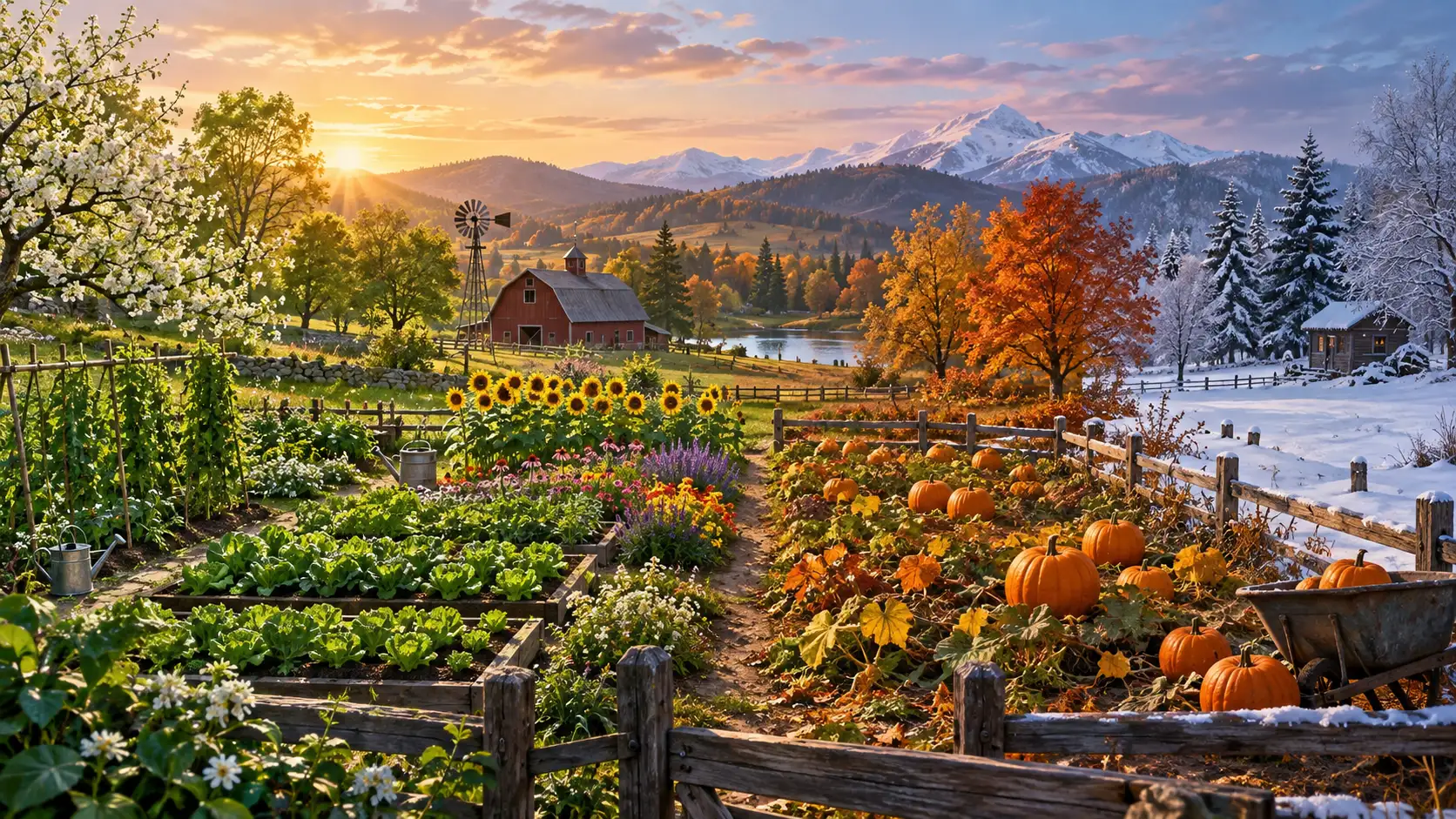 Four colorful sections of a farm planted with seasonal crops