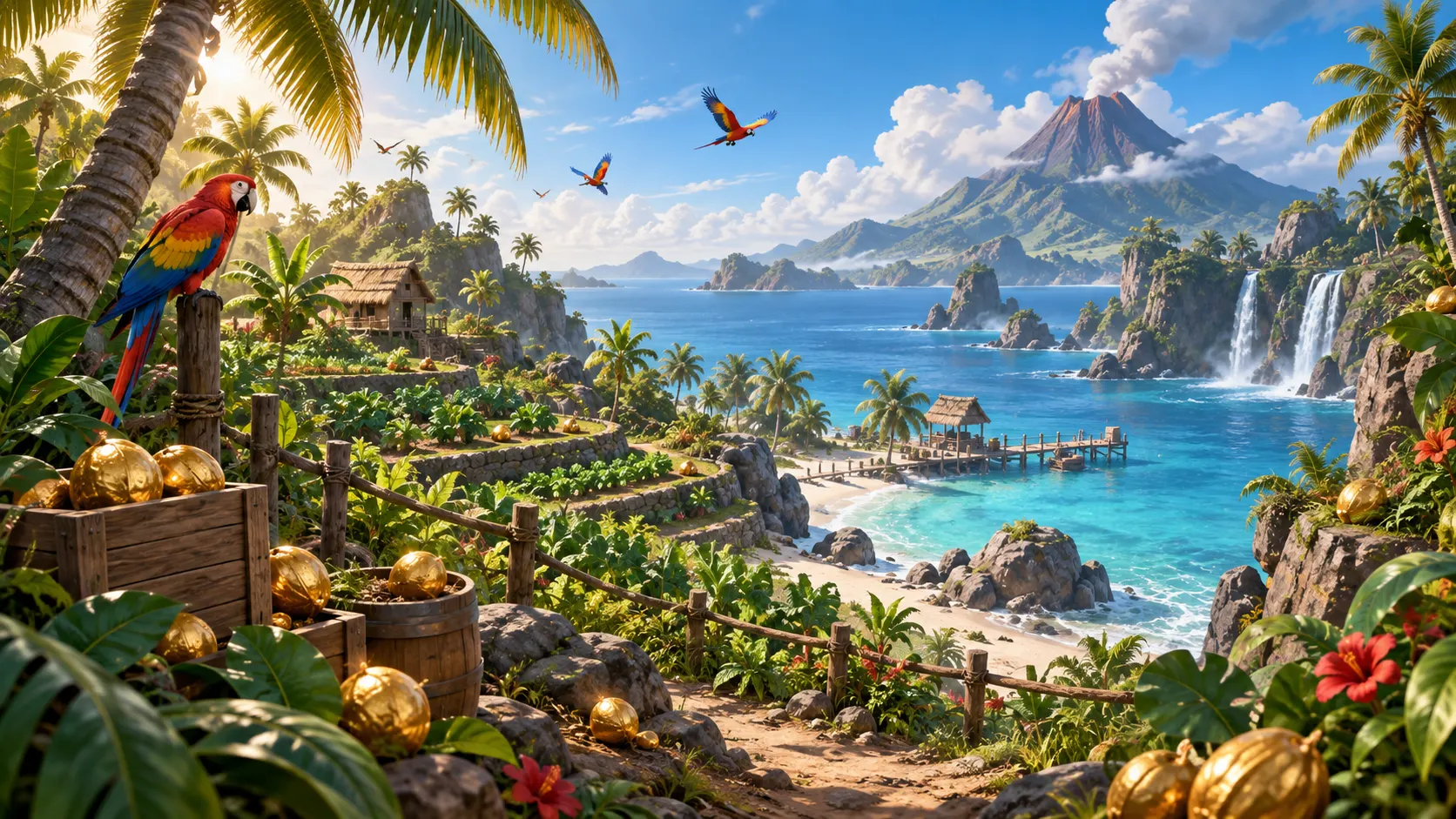 A tropical island farm with palms, volcano, and bright blue water
