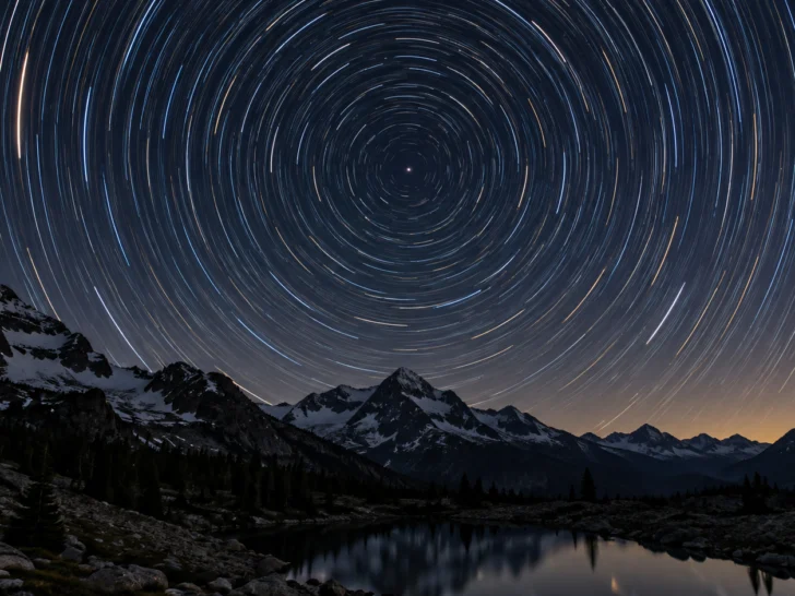 Star trails circle Polaris above a rugged mountain lake