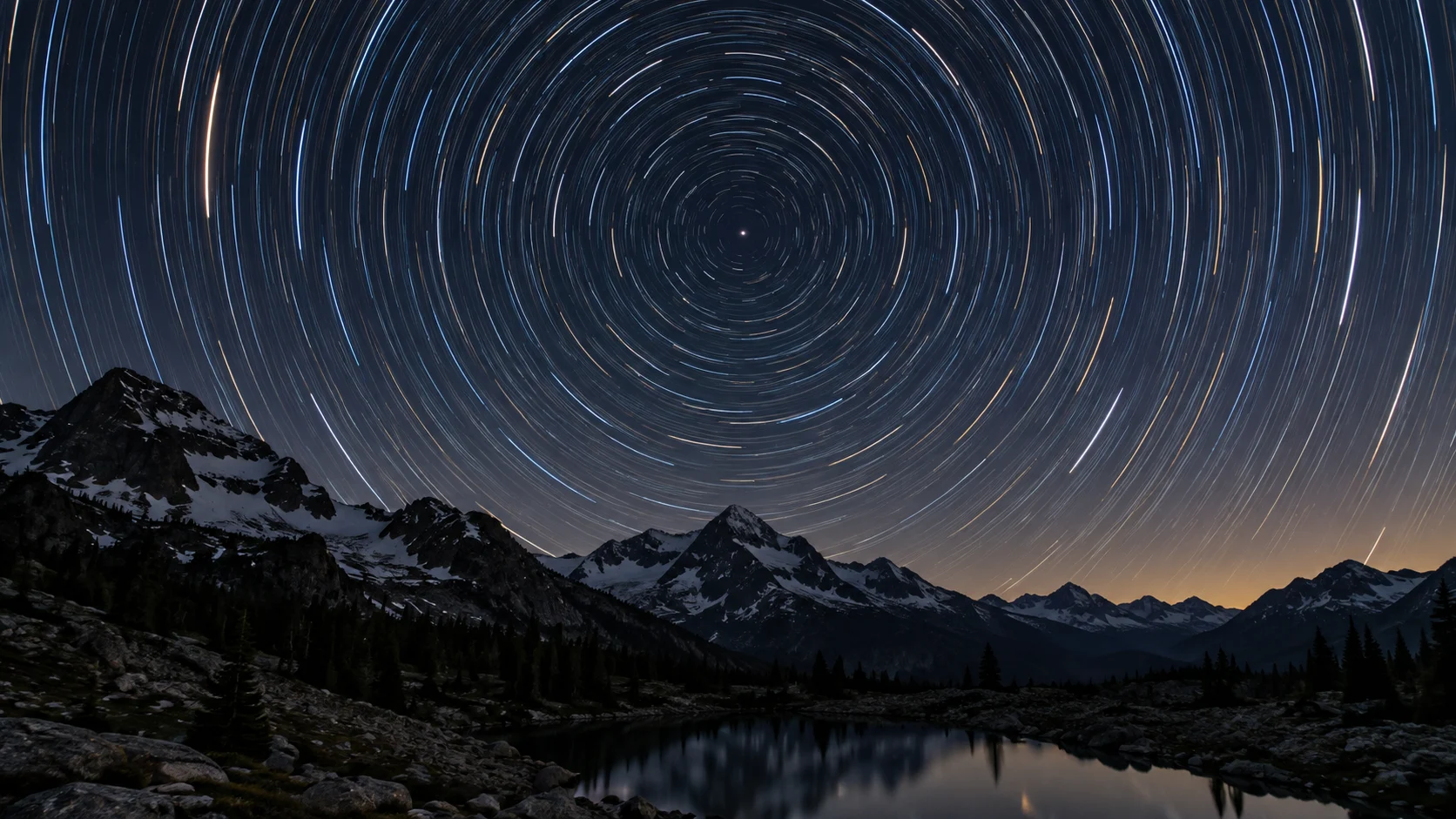 Star trails circle Polaris above a rugged mountain lake