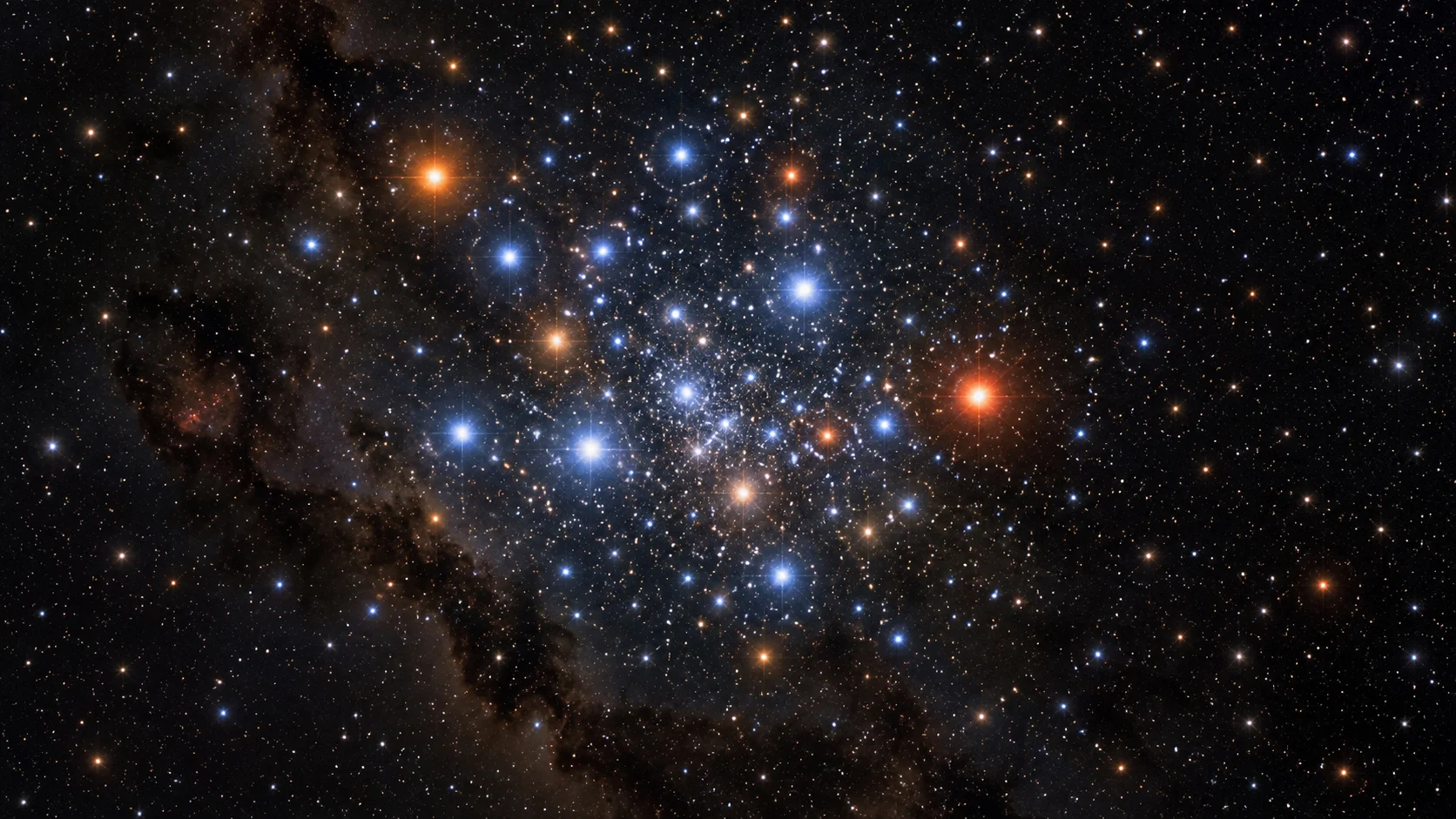 Blue and orange stars shine together in a dense open cluster