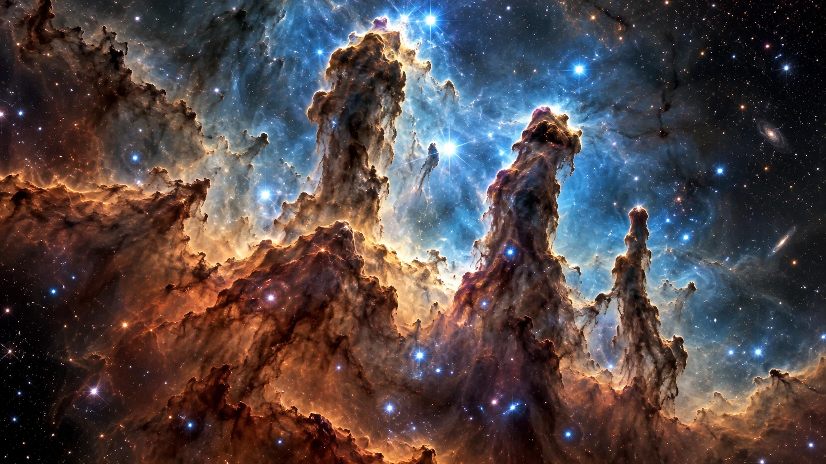 Newborn stars glow among towering clouds of gas and dust